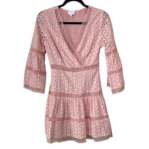 Entro Eyelet Mini Dress Pink Blush (READ) S Small V-Neck Guest Dress Party